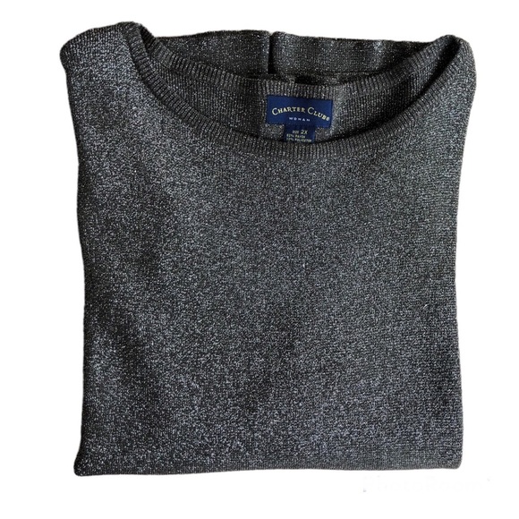 Charter Club Women Gray Shimmer Long Sleeve Round Neck Stretchy Blouse 2X - Picture 2 of 10